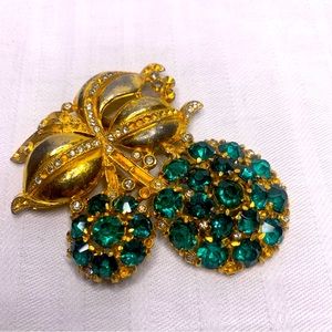 Vintage Green Gold Hair Pin Brooch Costume Fashion Jewelry Gemstones Rhinestones
